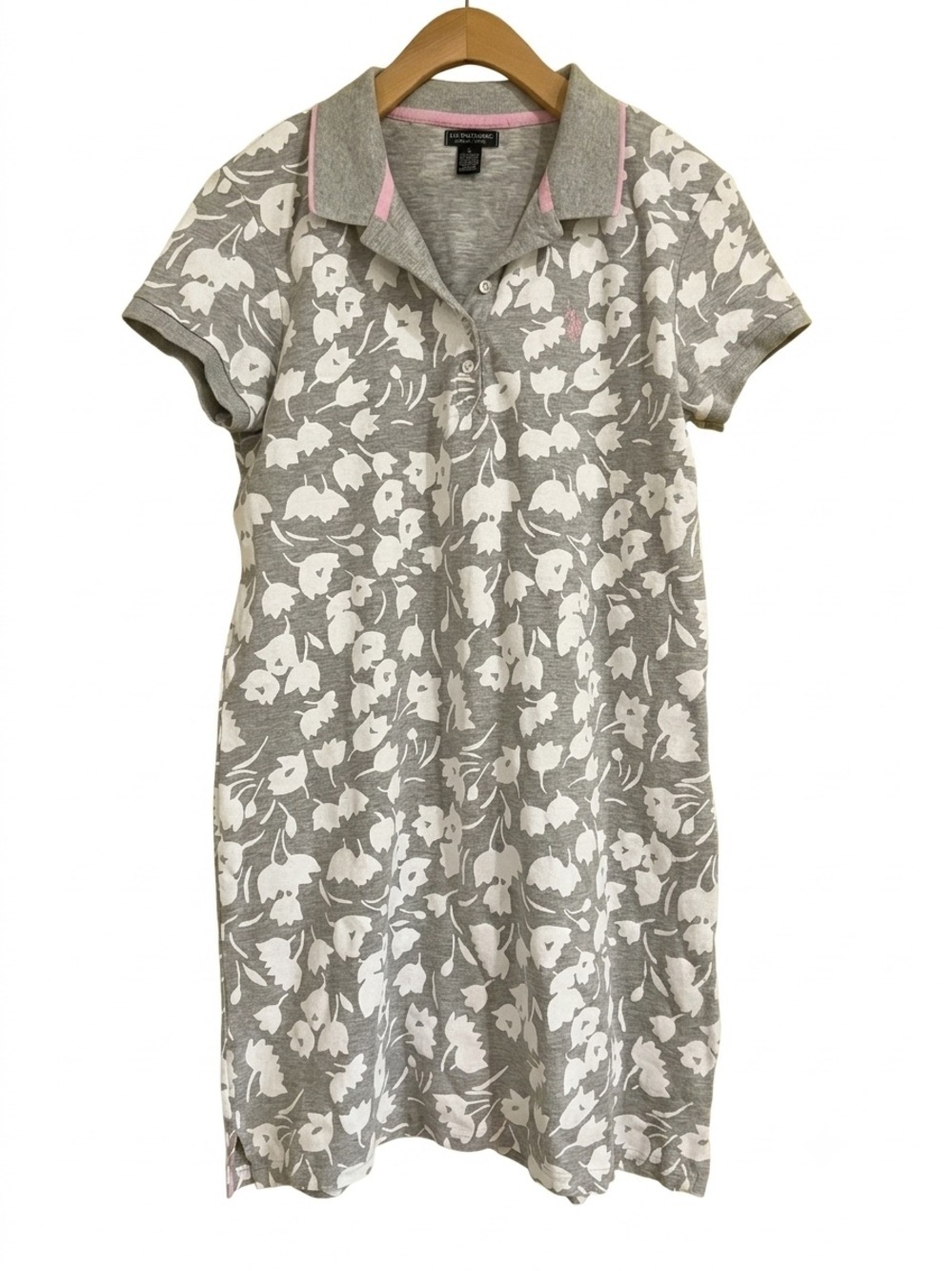 US Polo Assn Floral Polo Dress Gray Pink Size Large Preppy Athleisure Casual